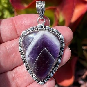 Natural Genuine Teardrop Chevron Amethyst Sterling Silver 2.2” Pendant